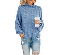 Saodimallsu Damen Pullover Oversize Rollkragen Knitted Sweater Fledermaus Langarm Loser Grobstrick Strickpullover Blau L
