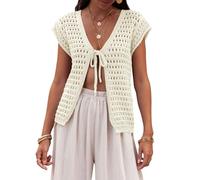 Saodimallsu Damen Sommer Strickjacke V-Ausschnitt Sexy Boho Tops Kurzarm Open Front Strickpullover Crochet Leichte Strand Bikini Cover Up Kurze Cardigan Beige XL