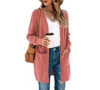 Saodimallsu Strickjacke Damen Lang Leicht Cardigan Langarm Open Front Strickpullover Einfarbig Freizeit Strickmantel Outerwear mit Tasche Dunkelrosa L