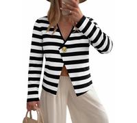 Saodimallsu Strickjacke Damen Langarm Gestreifte Cardigan V-Ausschnitt Leicht Open Front Sweater Slim Fit Elegant Strickcardigan mit Knöpfen Schwarz XL