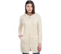 SAOL Aran Cardigan Irish Coat Cable Knit Kapuze Reißverschluss 100% Merino Wolle (Natur, Klein)