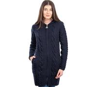 SAOL Aran Cardigan Irish Coat Cable Knit Kapuze Reißverschluss 100% Merino Wolle (Navy, X-Groß)
