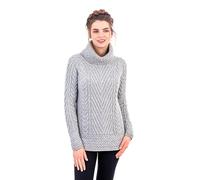 SAOL Damen Rollkragenpullover mit Geripptem Irischem Zopfmuster, in Natur/Grau/Marine (Grau, XX-Large)