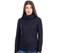 SAOL Damen Rollkragenpullover mit Geripptem Irischem Zopfmuster, in Natur/Grau/Marine (Marine, Large)