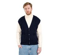 SAOL Herren Weste 100% Merinowolle V-Ausschnitt ärmellos Irische Zopfstrickjacke Pullover mit Knöpfen und Taschen -Marine - Mittel
