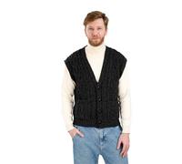 SAOL Herren-Weste 100% Merinowolle V-Ausschnitt ärmellos Irische Zopfstrickjacke Pullover mit Knöpfen und Taschen - Schwarz - XX-Large