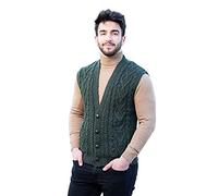 SAOL Herren Weste aus 100% Merinowolle V Ausschnitt ärmellos Irische Zopfstrickjacke Pullover mit Knöpfen und Taschen - Grün - X-Groß