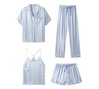 SAPJON Satin Seide Pyjama für Frauen 4-teiliges Rüschen Kerbe Kragen Nachtwäsche Button Down Kurzarm Shorts Pjs Set Loungewear