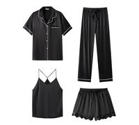SAPJON Satin Seide Pyjama für Frauen 4-teiliges Rüschen Kerbe Kragen Nachtwäsche Button Down Kurzarm Shorts Pjs Set Loungewear