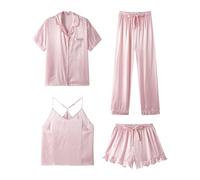 SAPJON Satin Seide Pyjama für Frauen 4-teiliges Rüschen Kerbe Kragen Nachtwäsche Button Down Kurzarm Shorts Pjs Set Loungewear