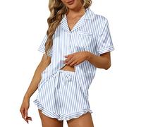 SAPJON Seiden-Pyjama für Frauen, 2 Stück, Rüschen-Dessous, Kerbkragen, Nachtwäsche, Button-Down, Kurze Ärmel, Shorts, Pyjama-Set, Loungewear, Blau gestreift, M
