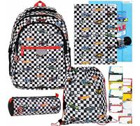 sarcia.eu Hot Wheels Schulstarter-SET JUNGEN: versteifter Rucksack, rundes Federmäppchen, Schuhbeutel, 2x Mappen mit Gummiband, Aufkleber (Hot Wheels I)