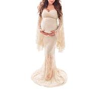 Saslax Schulterfreies Spitzen-Umstandskleid für Fotografie, Maxi, Umstandsrequisiten, Kleider für Fotoshooting, Babyparty, Champagner, X-Groß