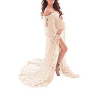 Saslax Weiche, Dehnbare Spitze, schulterfrei, doppelt geteilter A-Linien-Rock, Umstandskleid, Schwangerschaftskleid, Maxikleid für Fotoshootings, Champagner, Klein