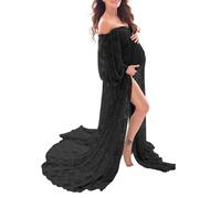 Saslax Weiches, dehnbares Spitzenkleid aus Schulterfrei, doppelt geteilter A-Linien-Rock, Schwangerschaftskleid, Maxikleid für Fotoshootings, schwarz, Groß