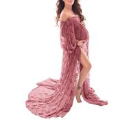 Saslax Weiches, dehnbares Spitzenkleid aus Schulterfrei, doppelt geteilter A-Linien-Rock, Schwangerschaftskleid, Maxikleid für Fotoshootings - Pink - X-Groß