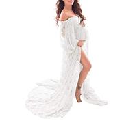 Saslax Weiches, dehnbares Spitzenkleid aus Schulterfrei, doppelt geteilter A-Linien-Rock, Schwangerschaftskleid, Maxikleid für Fotoshootings, Weiß, Mittel