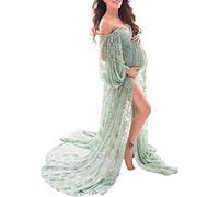 Saslax Weiches, dehnbares Spitzenkleid aus Schulterfrei, doppelt geteilter A-Linien-Rock, Schwangerschaftskleid, Maxikleid für Fotoshootings - Grün - Klein