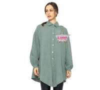 SASSYCLASSY Oversize Musselin Bluse Damen Langarm - Oversized Freizeit Look - Hemdbluse lang aus Baumwolle mit V Ausschnitt - Long-Bluse One Size (Gr. 36-48) Grün