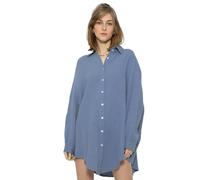 SASSYCLASSY Oversize Musselin Bluse Damen Langarm - Oversized Freizeit Look - Hemdbluse lang aus Baumwolle mit V Ausschnitt - Long-Bluse One Size (Gr. 36-48) Blau