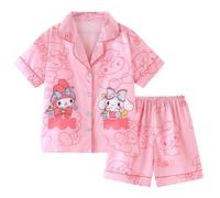 Satdflie Cartoon Pyjama Damen Mädchen Kurz Kurzarm Schlafanzug mit Knöpfen Sommer Shorts und Top Zweiteiliger Nachtwäsche Hausanzug, Rosa/1 XXS
