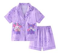 Satdflie Cartoon Pyjama Damen Mädchen Kurz Kurzarm Schlafanzug mit Knöpfen Sommer Shorts und Top Zweiteiliger Nachtwäsche Hausanzug, Lila S