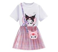 Satdflie Cartoon Rock Set Mädchen T Shirt und Faltenrock A-Linie Kariert Mini Röcke und Tasche 3 Teiliges Sommer Outfit, Lila, XXS