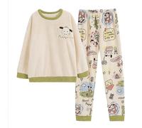 Satdflie Cartoon Schlafanzug Damen Mädchen Lang Flanell Pyjama Set Langarm Fleecepullover und Pyjamahose Winter Zweiteiliger Nachtwäsche Hausanzug, Grün, XXL