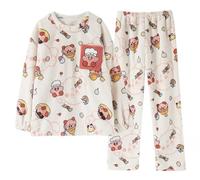 Satdflie Cartoon Schlafanzug Damen Mädchen Lang Flanell Pyjama Set Langarm Fleecepullover und Pyjamahose Winter Zweiteiliger Nachtwäsche Hausanzug, Beige/4, XL