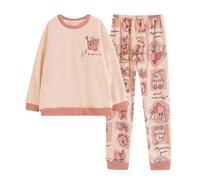 Satdflie Cartoon Schlafanzug Damen Mädchen Lang Flanell Pyjama Set Langarm Fleecepullover und Pyjamahose Winter Zweiteiliger Nachtwäsche Hausanzug, Rosa, XL