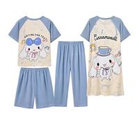 Satdflie Cinna-moroll Schlafanzug Set 4 Stück Petite Frauen Mädchen Sommer Kurzarm Nachtwäsche T-Shirt & Shorts & Hosen & Nachthemd Sets, Blau, M