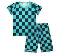 Satdflie Demon Slayer Niedliches T-Shirt-Pyjama-Set für Damen und Herren, Nachtwäsche mit Rundhalsausschnitt und Gittermuster, 2-teiliges Set mit kurzen Ärmeln und Shorts, grün, Größe 160