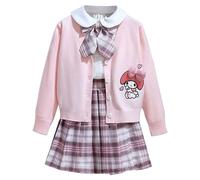 Satdflie Kuro-mi My Me-lody Mädchen JK Schuluniform Kinder Cardigan Gestrickte Strickjacke + Plaid Plissee Minirock + Langarm-Shirt + Fliege, Rosa, S
