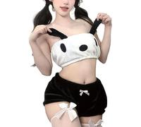 Satdflie Pochacco Damen Nachtwäsche Fleece Sexy Pyjama Set 2 teilige Schlafanzug Kurz Set Cartoon-Ohren Y2K Camisole Top und Shorts, Schwarz und Weiß
