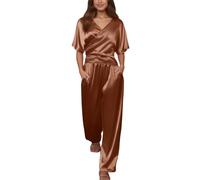 Satin 2 Teiler Zweiteiler Damen Elegant Einfarbig V-Ausschnitt Kurzarm T-Shirt und Hose Freizeitanzug Sommer Outfit Sportanzug Jogginganzug Streetwear