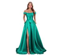 Satin-Abschlussballkleider mit Schlitz, trägerlos, A-Linie, Korsett, Ballkleid, schulterfrei, lang, formell, Abendkleid, Partykleid mit Taschen, türkis, 32