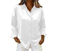 Satin Bluse Damen,Basic Mode Langarm Blusenshirt Festliche Einfarbig Locker Blusen Mit Knöpfen Elegant Seidenbluse Für Hochzeit Party Tops Seide Langarmshirt Oberteile Große Größen Revers klassisch