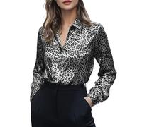 Satin-Bluse Damen Braun - Leopardenmuster-Shirts Sommer Elegant Seidenblusen Schicke-Oberteile Business Hemdbluse Langarm V-Ausschnitt Langarmshirt Mit Knöpfen Tunika T-Shirts Casual Freizeithemd