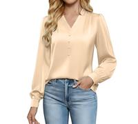 Satin Bluse Damen Elegant Blau: Elegante Seidenbluse Damen V-Ausschnitt Langarm Oberteil Sommer Hemdbluse Seiden-Shirt Festlich Blusentops Oversize Hemd Blusenshirt Festliche Blusen