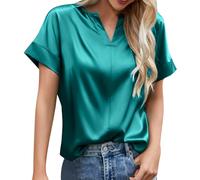 Satin Bluse Damen Elegant Kurzarm Basic Tunika Einfarbig V-Ausschnitt Oberteile Sommer Tops T Shirt Hemden Damen Blusen Kurzarm Sommer Bluse Damen Elegant Kurzarm (Sky Blue, M)