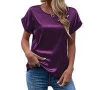 Satin Bluse Damen Elegant, T Shirt Damen Kurzarm,Seidenbluse Damen Seidentop Rundhals Sommer Oberteile Lässig Arbeitshemd Locker Bequeme Blusenshirt T-Shirt Blusen & Tuniken für Frauen