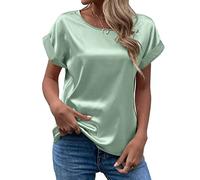 Satin Bluse Damen Elegant, T Shirt Damen Kurzarm,Seidenbluse Damen Seidentop Rundhals Sommer Oberteile Lässig Arbeitshemd Locker Bequeme Blusenshirt T-Shirt Blusen & Tuniken für Frauen