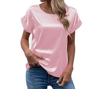 Satin Bluse Damen Elegant, T Shirt Damen Kurzarm,Seidenbluse Damen Seidentop Rundhals Sommer Oberteile Lässig Arbeitshemd Locker Bequeme Blusenshirt T-Shirt Blusen & Tuniken für Frauen