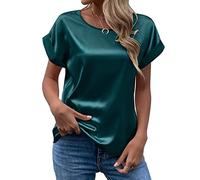 Satin Bluse Damen Elegant, T Shirt Damen Kurzarm,Seidenbluse Damen Seidentop Rundhals Sommer Oberteile Lässig Arbeitshemd Locker Bequeme Blusenshirt T-Shirt Blusen & Tuniken für Frauen