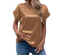 Satin Bluse Damen Elegant - T Shirt Damen Kurzarm Seidenbluse Seidentop Rundhals Sommer Oberteile Casual Arbeitshemd Lose Bequeme Blusenshirt T-Shirt
