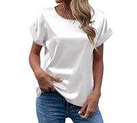 Satin Bluse Damen Elegant - T Shirt Damen Kurzarm Seidenbluse Seidentop Rundhals Sommer Oberteile Casual Arbeitshemd Lose Bequeme Blusenshirt T-Shirt