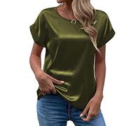 Satin Bluse Damen Elegant - T Shirt Damen Kurzarm Seidenbluse Seidentop Rundhals Sommer Oberteile Casual Arbeitshemd Lose Bequeme Blusenshirt T-Shirt