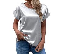 Satin Bluse Damen Elegant - T Shirt Damen Kurzarm Seidenbluse Seidentop Rundhals Sommer Oberteile Casual Arbeitshemd Lose Bequeme Blusenshirt T-Shirt