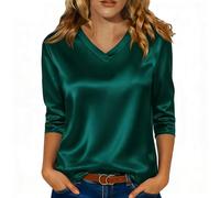 Satin Bluse Damen Elegant V-Ausschnitt Einfarbig 3/4 Arm Shirt Einfarbig Business Festlich Satin-Seidenbluse