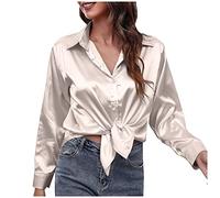 Satin Bluse Damen Glänzend Elegant Einfarbige Seidenhemd Temperament Hemdbluse Hemd Reverskragen Basic Langarmshirt Classic Lose Oberteil Schlank Tunika Shirts mit Knöpfen(Beige,M)